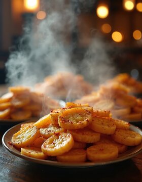 Steaming fried plantain slices piled on plate. Crispy patacones seasoned with spice. Savory snack served hot on table. Delicious side dish in restaurant.