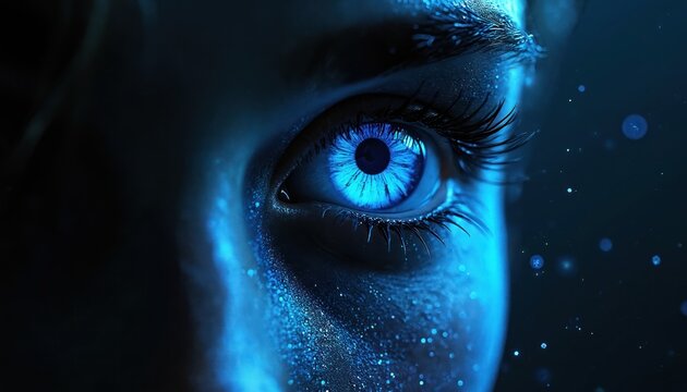 Extreme close-up of a bright blue eye with intricate iris detail. Face sparkles with blue glitter. Dark background with glowing bokeh lights. Future tech or sci-fi theme. Digital art.