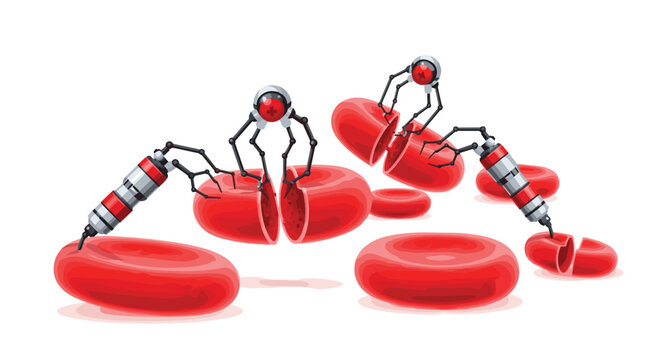 Multiple metallic nanobots with red eyes are shown interacting with and surgically opening several red blood cells on a white surface.