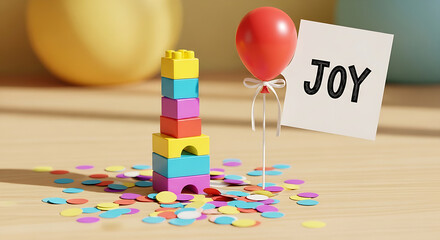Fototapeta premium Colorful Lego blocks stacked with joy sign and red balloon on confetti background