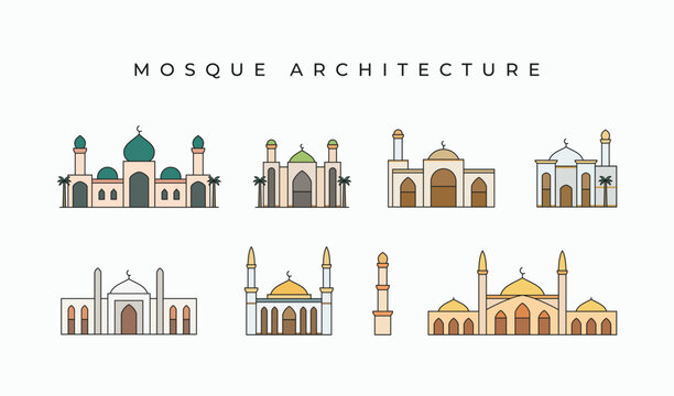 Mosque architecture buildings simple flat color icons collection. Collections of cartoon style Islamic mosque logo icon sign symbol