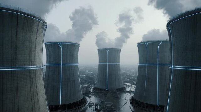 Aerial orbit around massive data center cooling towers emitting soft white vapor.