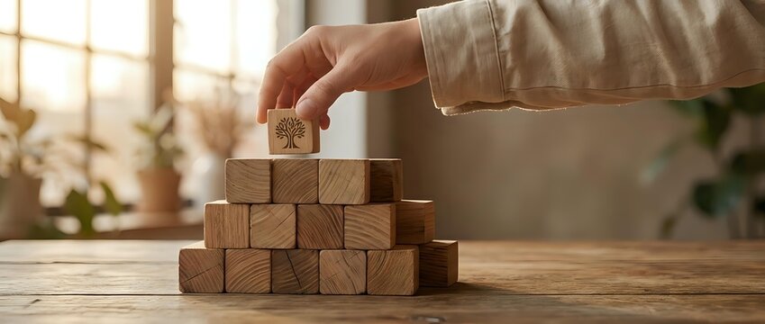 Business professional building wooden block tower symbolizing growth strategy and development in bright office environment.