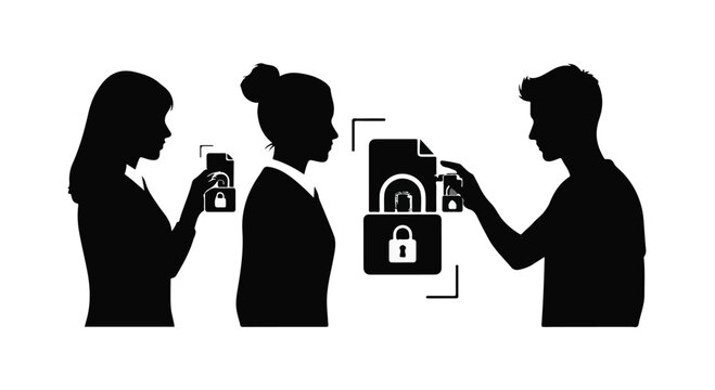 silhouettes of people sharing secure digital files and passwords