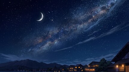 Naklejka premium Gazing at the starry night sky and moon over tranquil village serene nature landscape peaceful atmosphere