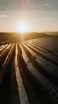 Cinematic drone orbit around a massive solar farm during golden hour, panels reflecting warm sunlight