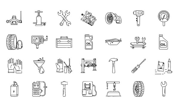Auto Repair Car Garage Tools Outline Icons