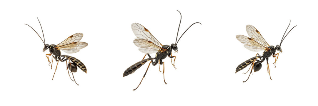 Ichneumon Wasp Ichneumonidae Isolated on White Background PNG Collection Slender Flying Wings Insects Nature Wildlife Macro Small Fauna Summer Parasitoid Bug Element Set
