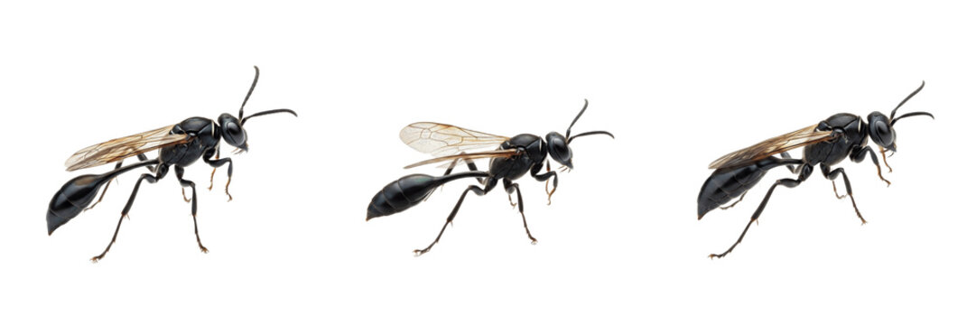 Black Mud Dauber Wasp Sceliphron Caementarium Isolated on White Background PNG Collection Flying Wings Insects Nature Wildlife Macro Small Fauna Summer Slender Stinging Bug Set
