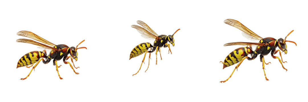 European Paper Wasp Polistes Dominula Isolated on White Background PNG Collection Flying Wings Insects Nature Wildlife Macro Small Fauna Summer Yellow Black Stinging Bug Set