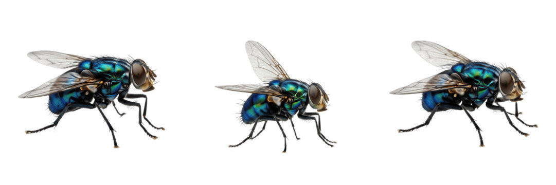 Common Bluebottle Fly Calliphora Vomitoria Isolated on White Background PNG Collection Shiny Metallic Wings Insects Nature Wildlife Macro Small Fauna Summer Bug Set