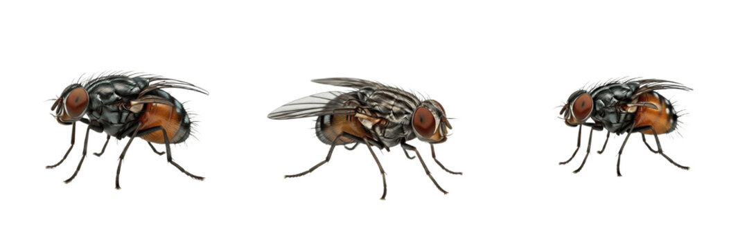 Common Housefly Musca Domestica Isolated on White Background PNG Collection Flying Wings Insects Nature Wildlife Macro Small Fauna Summer Grey Black Striped Bug Set