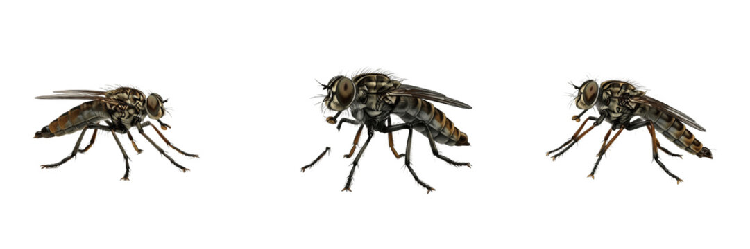 Robber Fly Asilidae Isolated on White Background PNG Collection Flying Legs Insects Nature Wildlife Macro Small Fauna Summer Brown Predator Bug Diptera Element Set