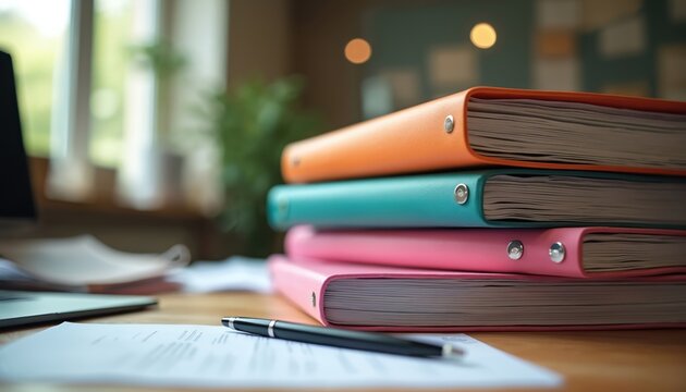 Stack of colorful binders with papers and pen on wooden desk. Organization, planning, or office work concept. Home office setup with documents, laptop, and plant.