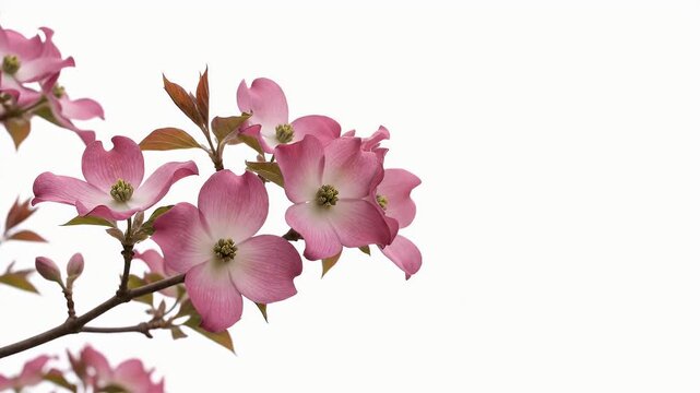 Pink Dogwood Blossoms Branch with Leaves on White Background Isolated for Floral Design and Spring Promotion