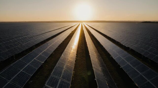 Cinematic drone orbit around a massive solar farm during golden hour, panels reflecting warm sunlight