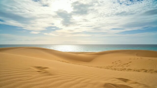 Sand Dunes Landscape With Blue Sky And Ocean View on Gran Canaria Canary Island at Maspalomas at Golden Hour Time