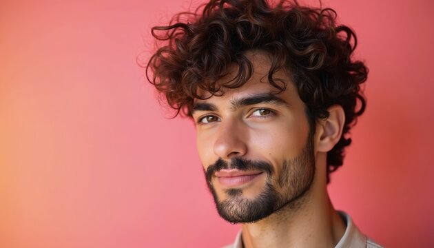 Young man with curly hair and beard smiles. He has brown eyes and wears a light shirt. Colorful pink and orange background creates a vibrant mood.