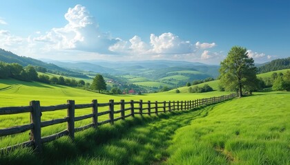 Fototapeta premium Wooden fence runs through rich green rolling hills under bright blue sky with fluffy clouds. Rural landscape offers peaceful countryside views, ideal for nature, farm themes. Scenic panorama invites