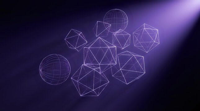 Abstract geometric wireframe shapes floating in purple space with light beam for technology and digital design backgrounds.