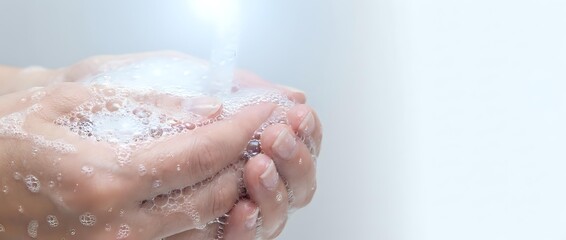 Fototapeta premium Hands washing with soap and water creating foam bubbles for hygiene and cleanliness routine against clean background.