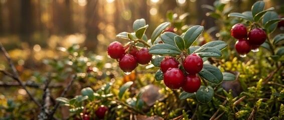 Obraz premium Red cranberries growing on green bush branches in natural forest setting with warm golden sunlight filtering through background foliage during harvest season.