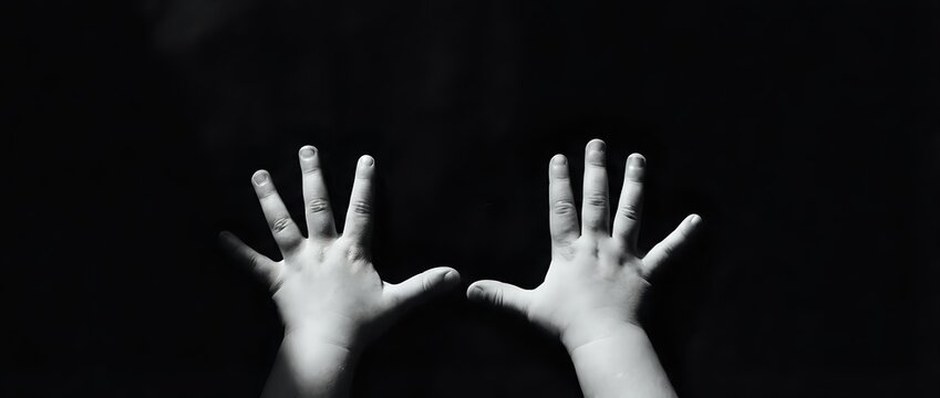 Two open hands reaching upward against dark background expressing hope, surrender, or plea in dramatic black and white photography for emotional concepts.
