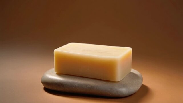 Close up of rectangular bar of light yellow soap resting on smooth grey stone dish against warm toned background with clean minimalist composition