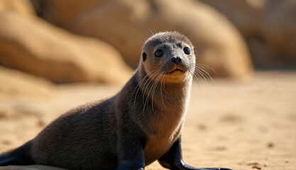 Obraz premium Young fur seal sits on sandy beach. Small mammal looks at camera with large curious eyes. Dark brown animal rests near ocean shore, daytime.