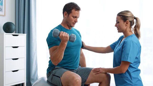 Man lifts weight with physio.