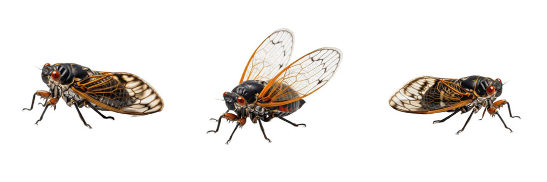 Periodical Cicada Magicicada isolated on white background, black insect with orange wings and red eyes macro, detailed entomology specimen nature asset, cutout