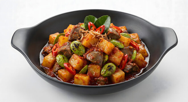 Indonesian Sambal Goreng Ati Served on Black Bowl