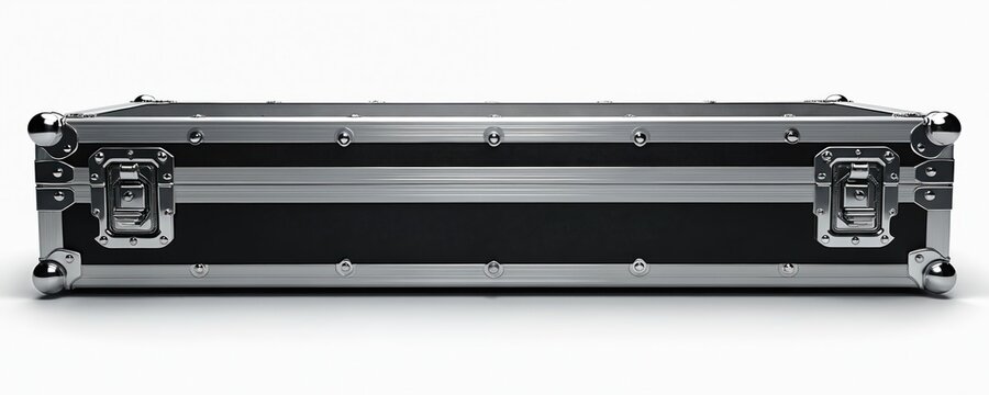 Black rectangular equipment case with silver metal latches and reinforced corners. Protective, rugged container for gear transport and secure storage. Heavy duty design for professional use.