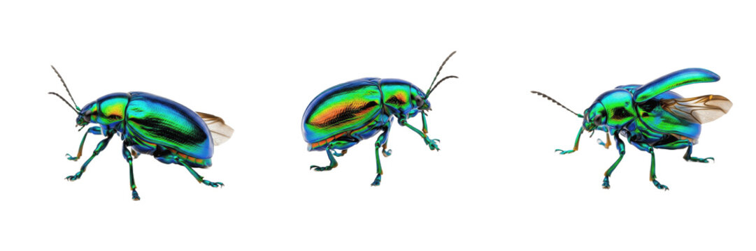 Metallic Iridescent Dogbane Leaf Beetles Isolated on White Background PNG, Shiny Green Blue Chrysochus Auratus Macro Photography, Jewel Tone Insects Trio Garden Asset