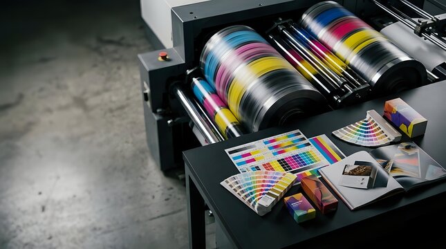 Professional offset printing press with CMYK ink rollers and color calibration charts for commercial print production and quality control processes.