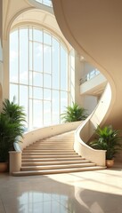 Fototapeta premium Grand interior with elegant marble staircase and huge window. Sunlight illuminates a modern hotel lobby with green plants. Luxurious, bright, and airy space perfect for architectural design concepts.