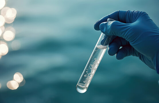 Gloved hand holds test tube with water sample. Scientist studies liquid from river or ocean. Checks quality or contamination for research or science experiment.