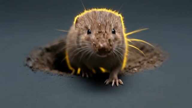 Close Up of Small Vole Emerging from Hole in Dirt Ground with Glowing Rim Light