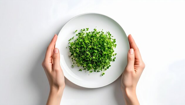 Hands Holding White Plate with Fresh Chopped Green Chives and White Sesame Seeds Top View Studio Shot