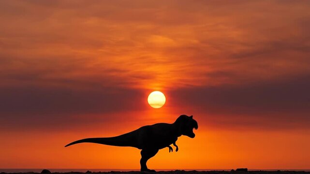 T Rex Silhouette Walking Against Dramatic Orange Sunset Sky 3D Render