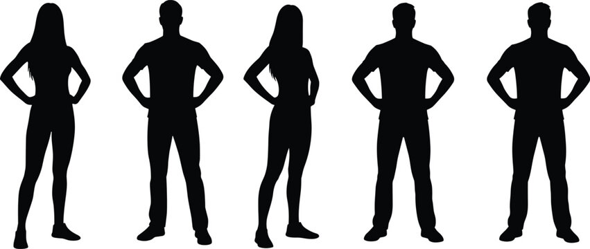 Black silhouettes of men and women standing in confident poses with hands on hips isolated on white background.