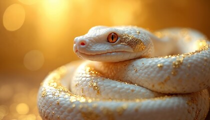Fototapeta premium Albino snake coils on blurred gold background. White reptile with orange eyes and gold glitter scales symbolizes fortune and Chinese New Year. Pure white snake represents good luck and prosperity.