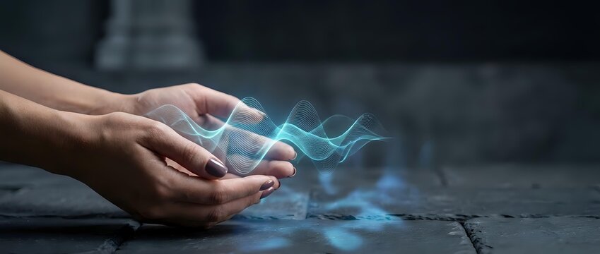 Hands cupping glowing blue energy light with electric sparks and magical effects on dark stone surface for fantasy and supernatural concepts.