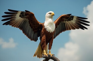 Obraz premium Majestic eagle perches on branch with wings spread wide. Bird of prey has white chest brown wings intense gaze on sky background. Rare raptor displays power.