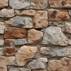 Seamless rustic stone wall texture with weathered beige white rock blocks natural masonry background pattern top view