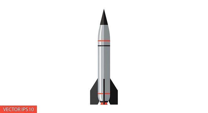 Detailed illustration of a silver and grey rocket with red markings and fins, pointed warhead, bottom view showing thrusters, isolated on white background