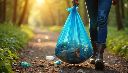 Obraz premium Person carries blue bag full of rubbish collected from forest path. Sunlight shines on ground with scattered litter. Environmental cleanup action happening.