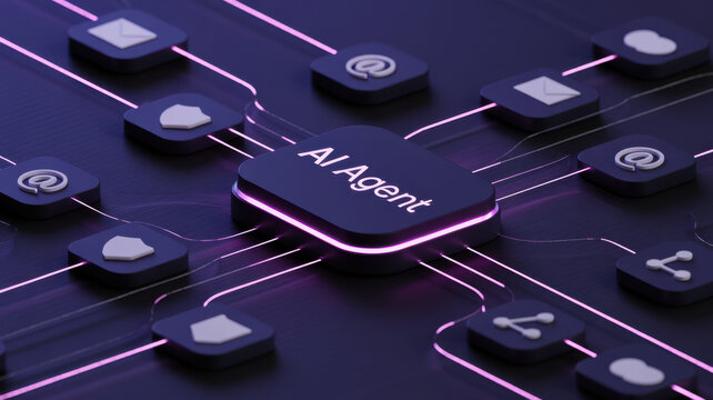 AI workflow automation artificial intelligence agent software interface nodes triggers data tool dashboard coding icon flow process database technology 3d rendering.