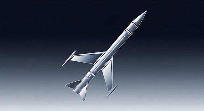 Sleek metallic silver rocket with sharp aerodynamic lines and stylized fins against a smooth gradient dark and light gray background