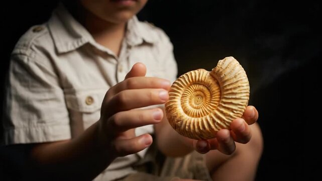 Curious Young Boy Holding Glowing Ammonite Fossil in Dark Cave